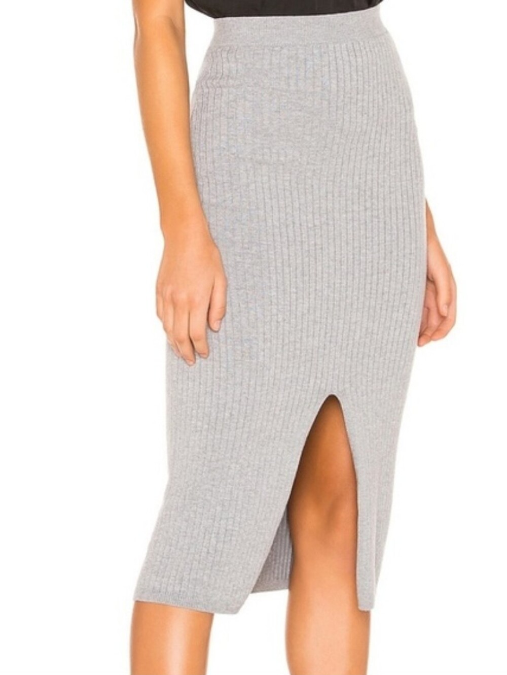 Free People Skyline Midi Skirt Light Gray Ribbed Knit Front Slit Stretch MD